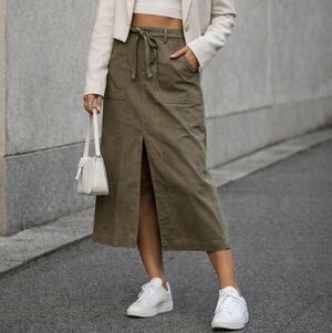 Soaked In Luxury Olive Utility Midi Skirt Viscose Blend Tie Waist Cargo Chic